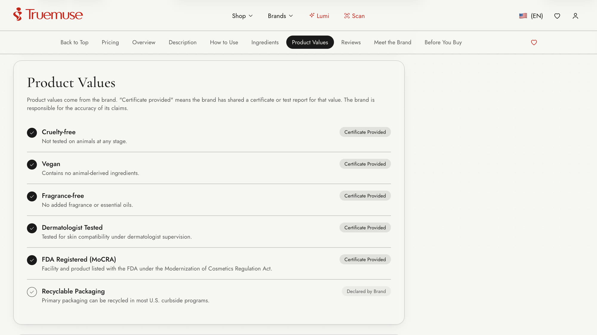 Product values in the Truemuse app