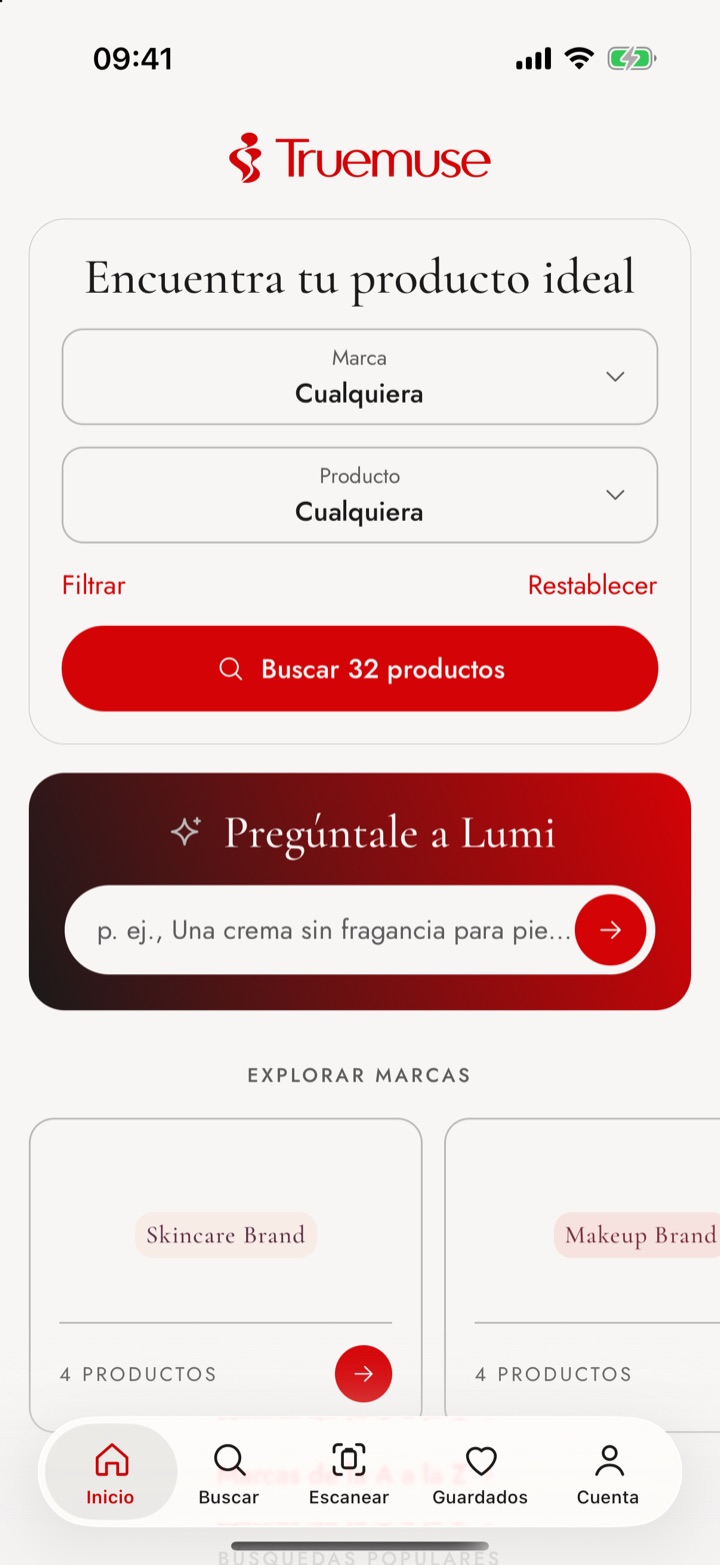 La pantalla de inicio de la app de Truemuse