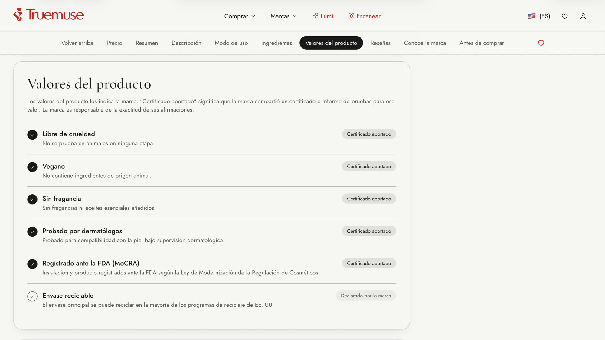 Valores del producto en la app de Truemuse
